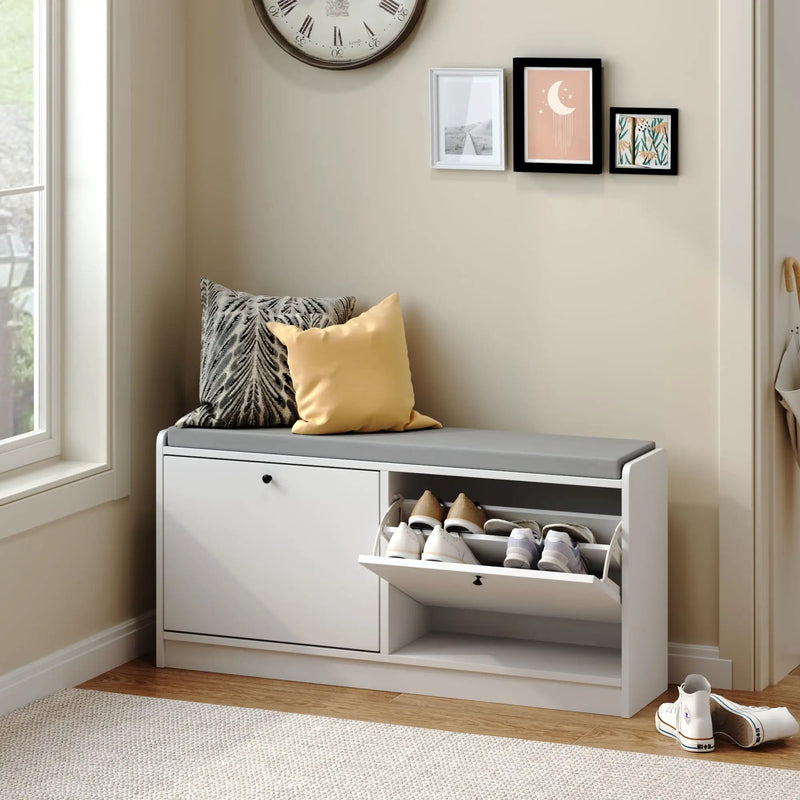 Shoe Storage Bench With Cushion, Entryway Organizer Cabinet For Hallway - White by HouseOfZazla