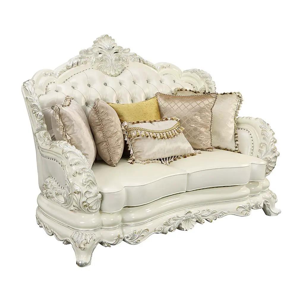 Adara - Loveseat With 5 Pillows - Pearl White Synthetic Leather & Antique White by Unique Piece Furniture