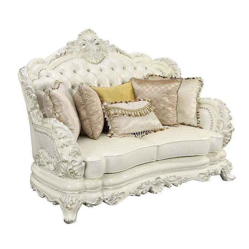 Adara - Loveseat With 5 Pillows - Pearl White Synthetic Leather & Antique White by Unique Piece Furniture