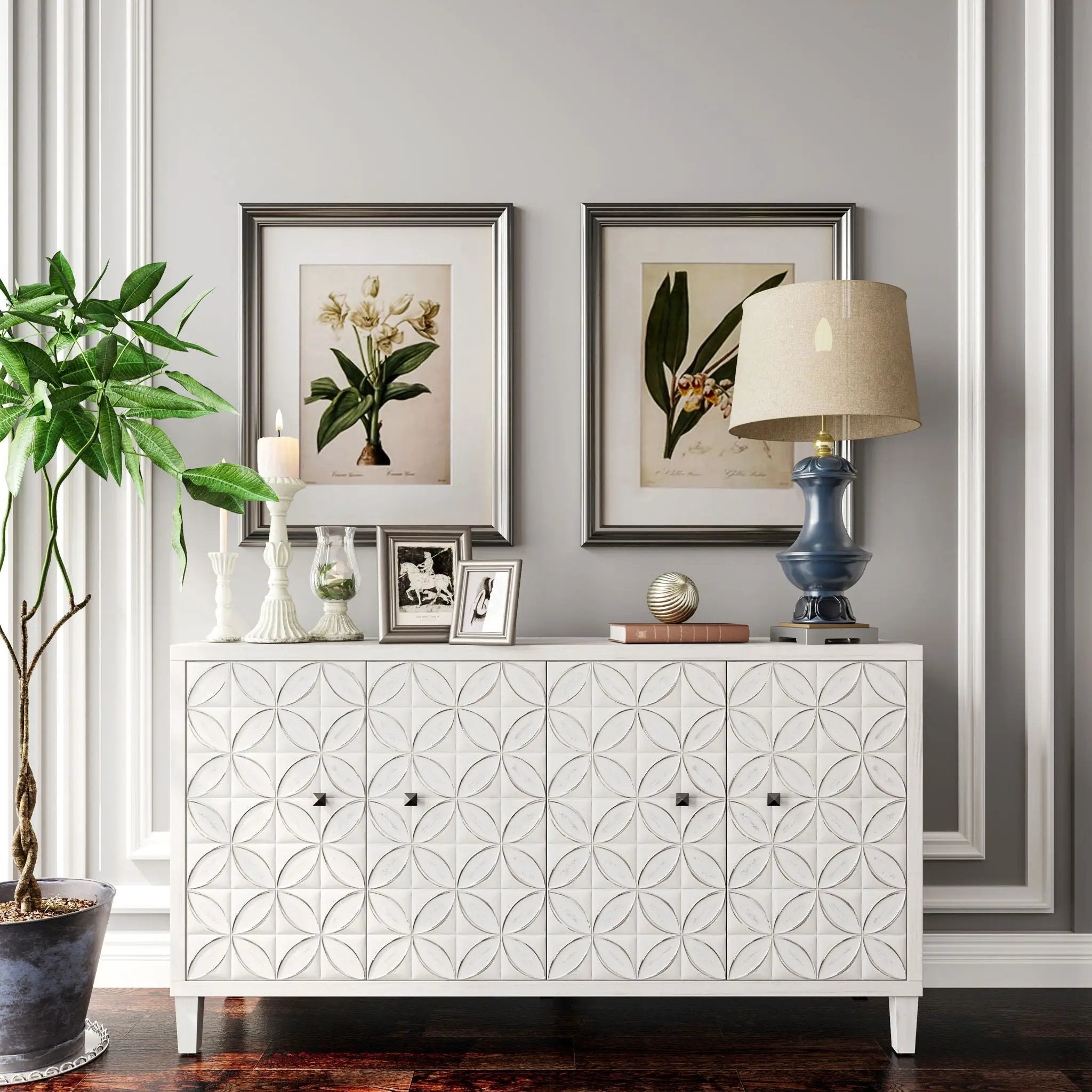 Accent Cabinet 4 Door Wooden Cabinet Sideboard Buffet Server Cabinet Storage Cabinet, For Living Room, Entryway, Hallway, Office, Kitchen And Dining Room - White Wash by Unique Piece Furniture