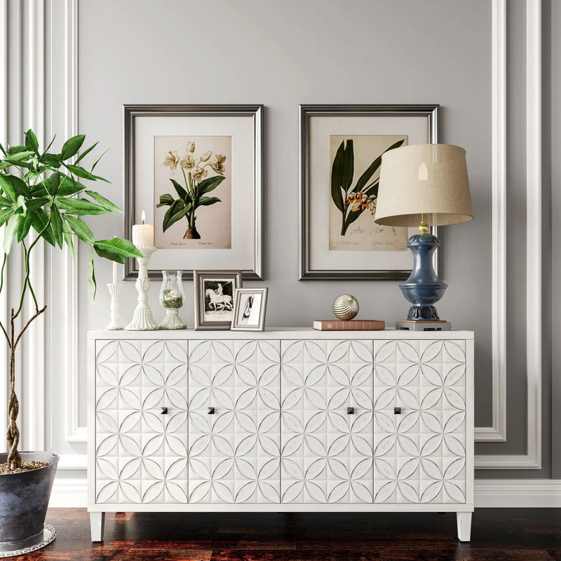 Accent Cabinet 4 Door Wooden Cabinet Sideboard Buffet Server Cabinet Storage Cabinet, For Living Room, Entryway, Hallway, Office, Kitchen And Dining Room - White Wash by Unique Piece Furniture