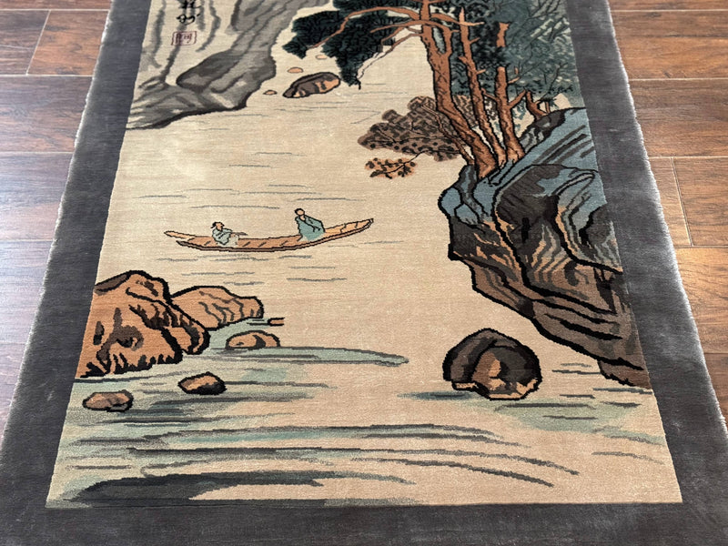 Chinese Silk Wall Hanging 3x5, Handmade, River and Boat Scene, Rug Tapestry by Jewel Rugs