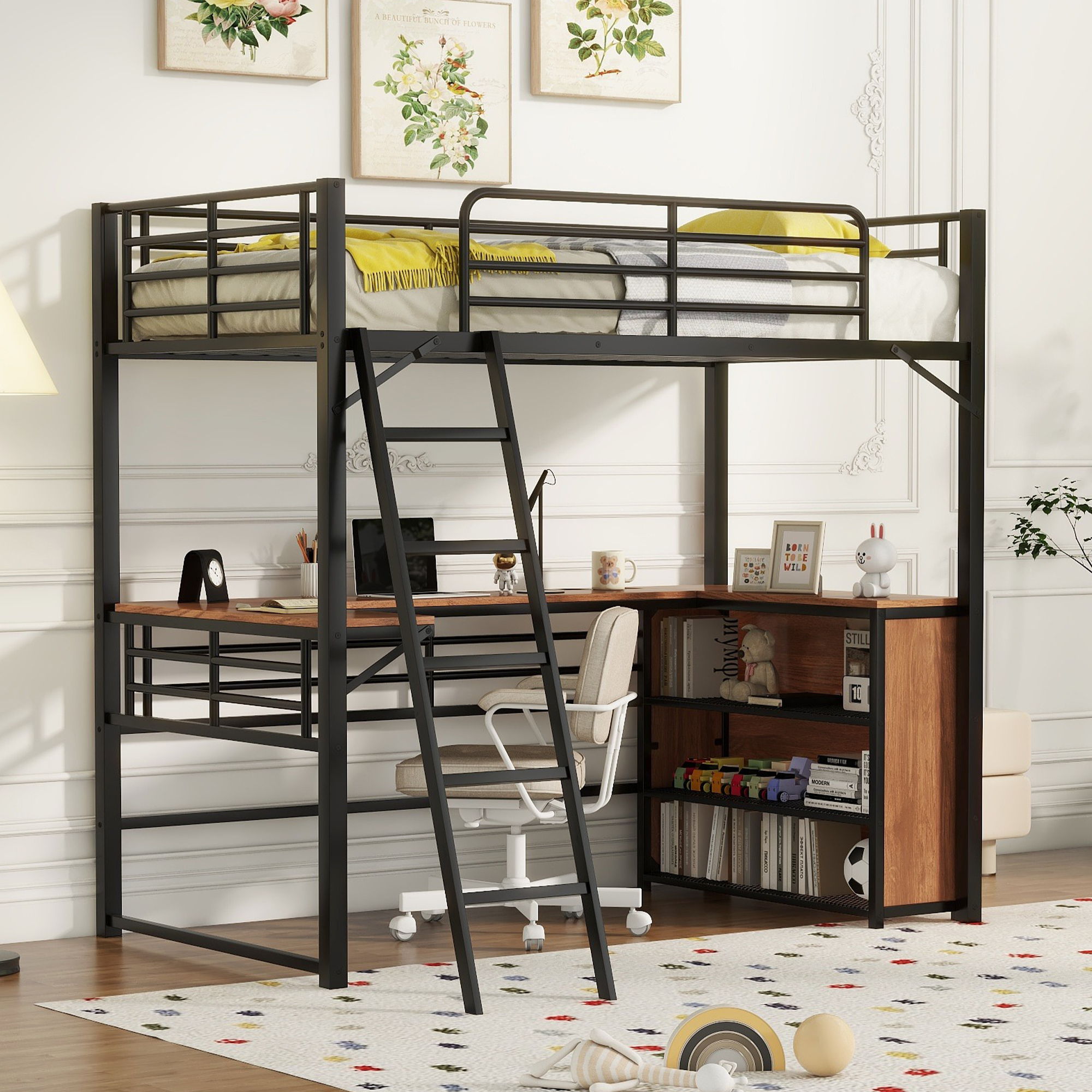 Loft Bed & 3 Layers Of Shelves And L-Shaped Desk by HouseOfZazla