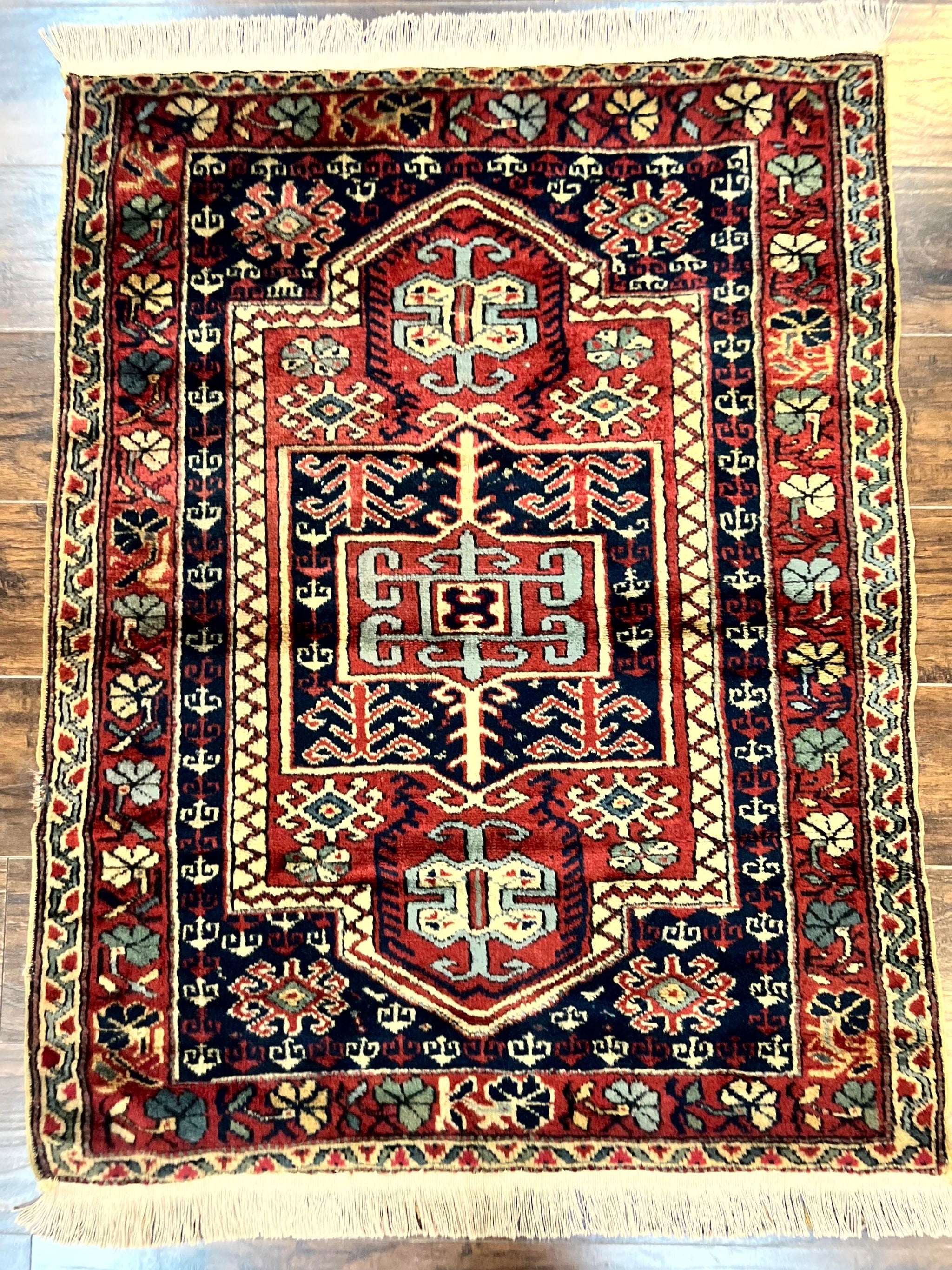 Antique Turkish Sparta Rug 3x4, Geometric Caucasian Pattern, Vintage Handmade Tribal Wool Carpet by Jewel Rugs