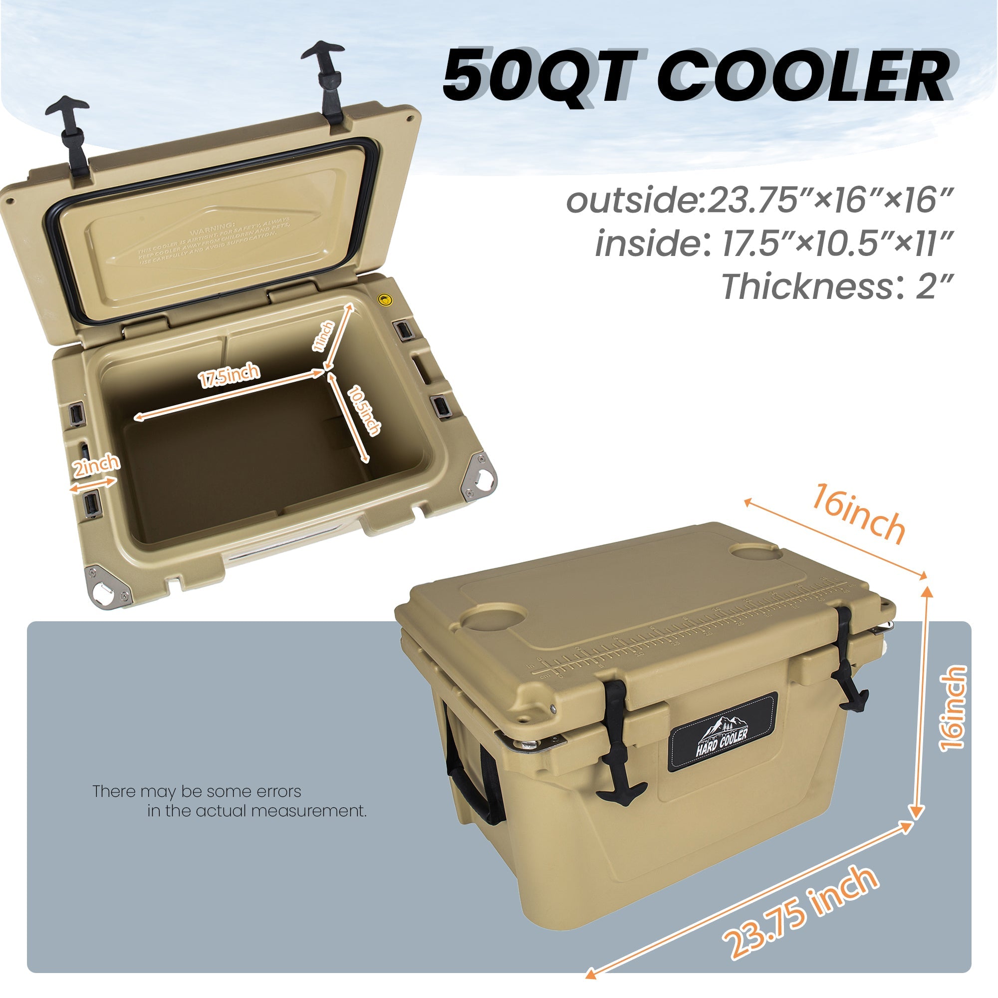 50 Quart Khaki Cooler, Ultra-Light Insulated Ice Chest by HouseOfZazla
