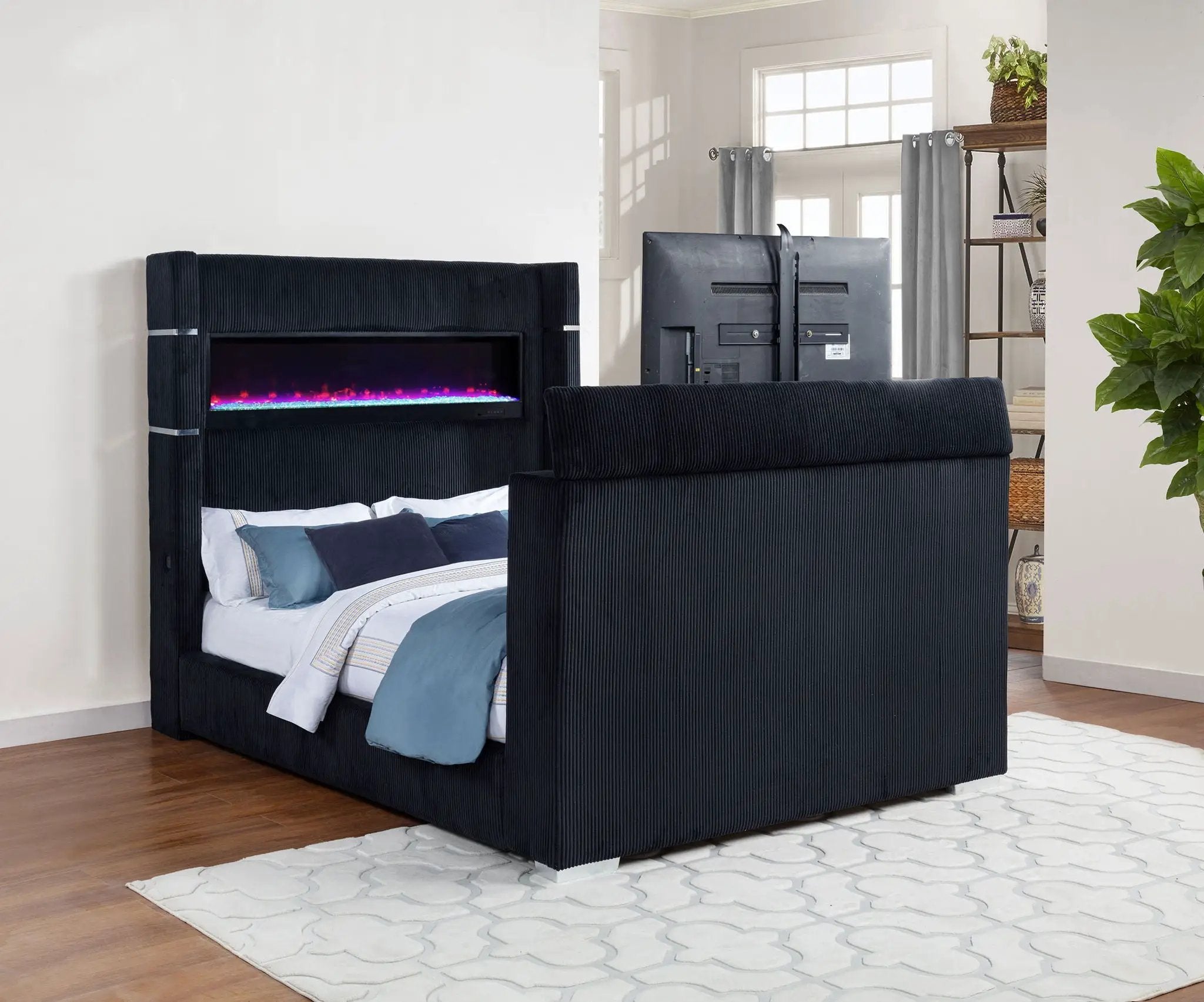 Tisdall Queen Flame Visualizer Wingback TV Bed Black by Unique Piece Furniture