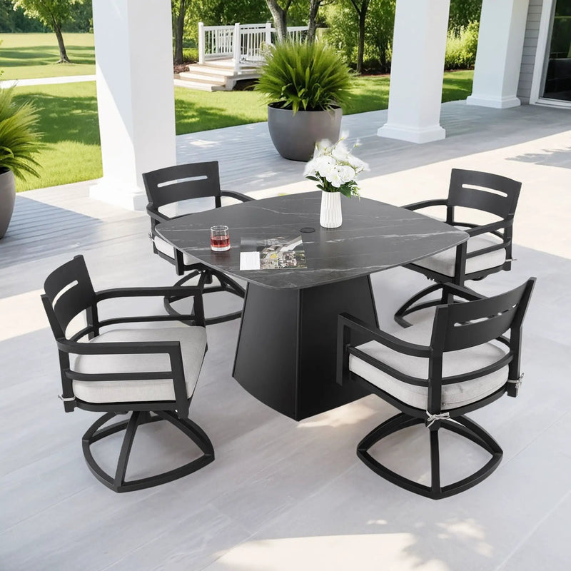 Outdoor Patio Dining Set, Squircle Dining Table, Dining Chairs With Sunbrella Cushions by Unique Piece Furniture