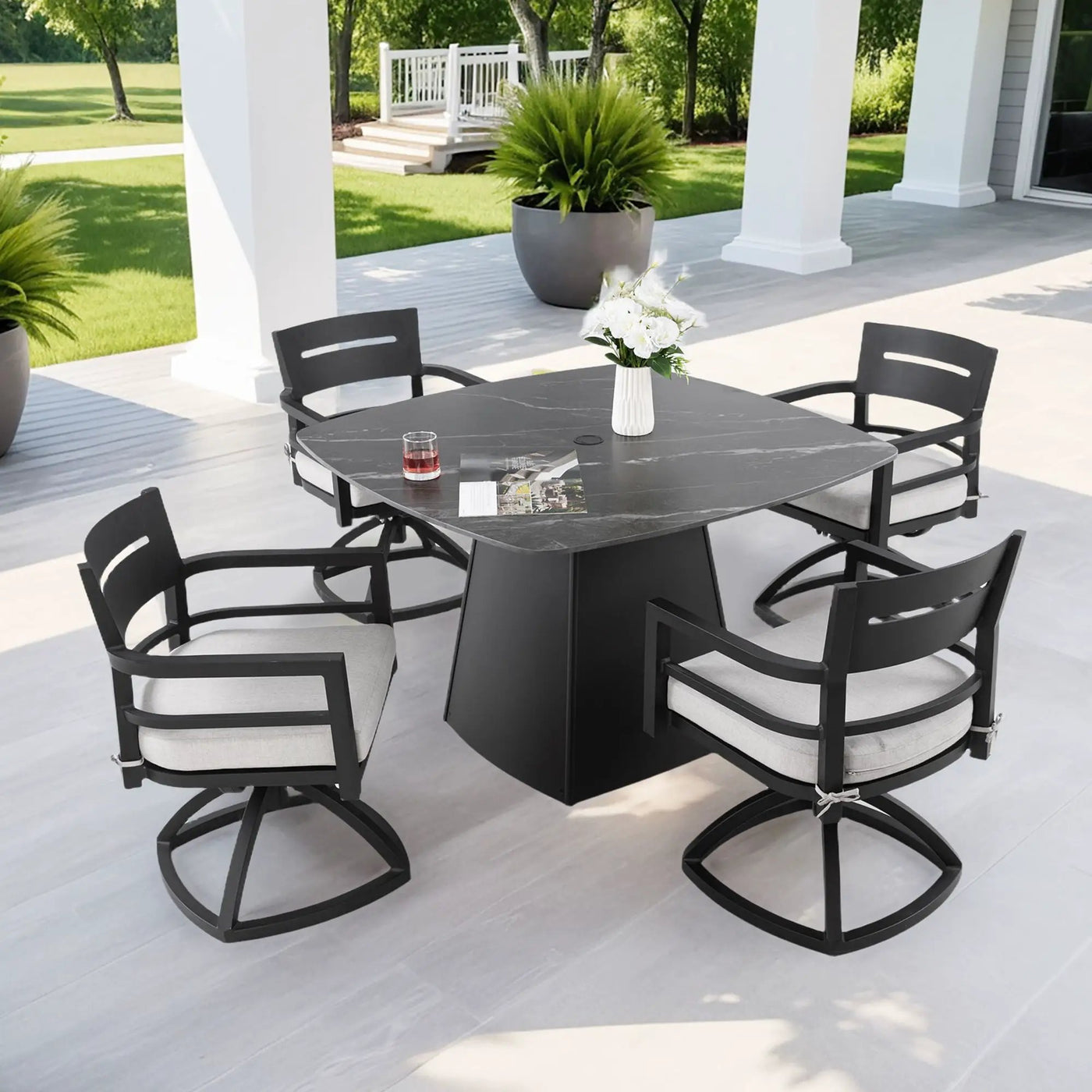 Outdoor Patio Dining Set, Squircle Dining Table, Dining Chairs With Sunbrella Cushions by HouseOfZazla