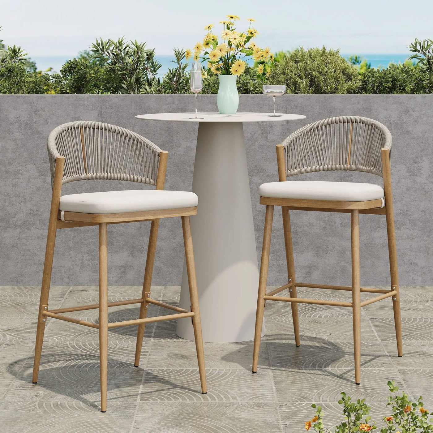 Outdoor Bar Height Metal Frame Counter Stools with Scallop-Shaped Backrest & Water-Resistant Cushions by HouseOfZazla