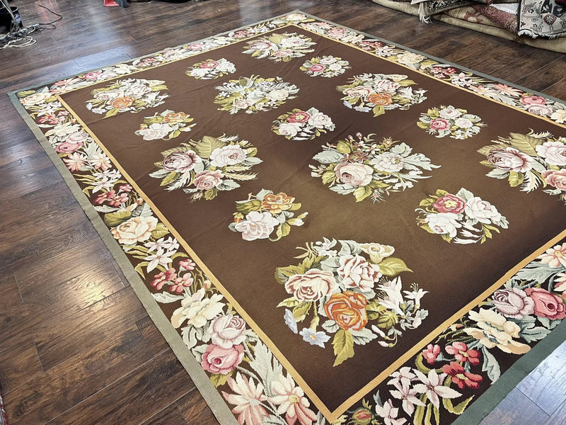 Vintage Needlepoint Rug 9x12, Large Handmade Hand-woven Needlepoint Carpet, Brown Area Rug, Floral Bouquets, Wool Rug, European Design by Jewel Rugs