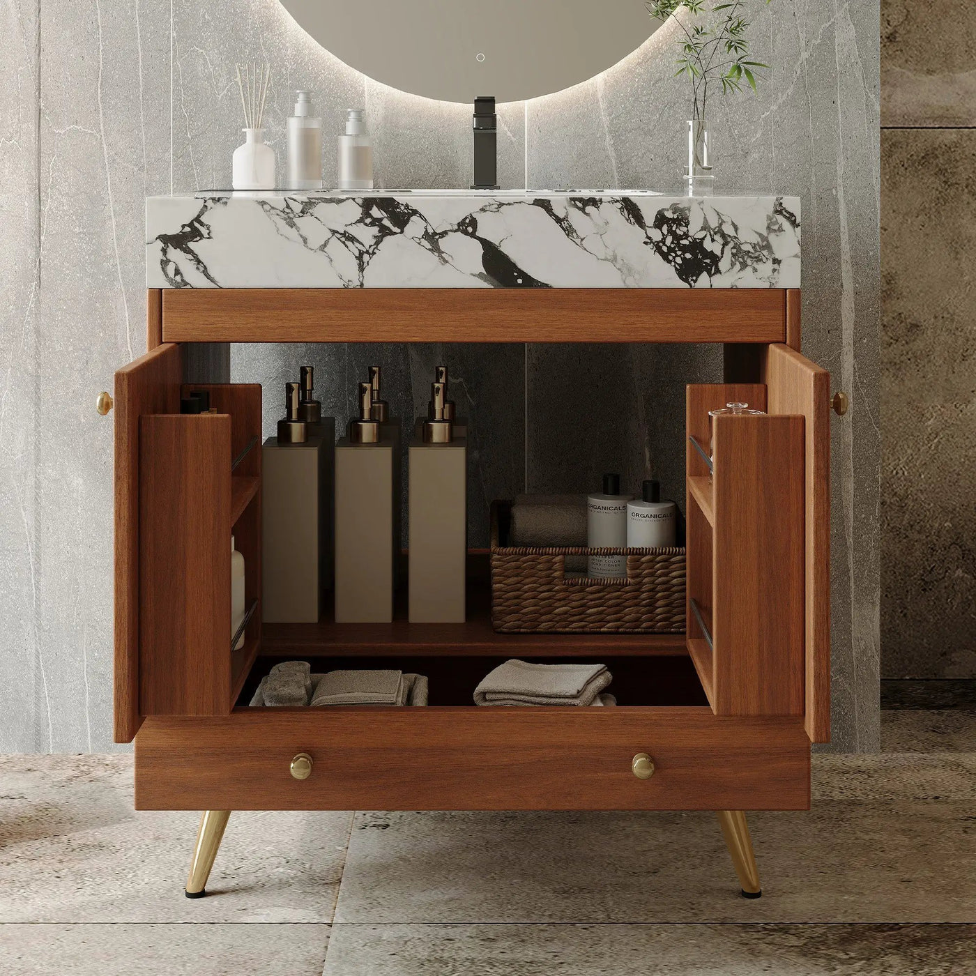 Mid-Century Free-Standing Bathroom Vanity with Faux Marble Top by HouseOfZazla