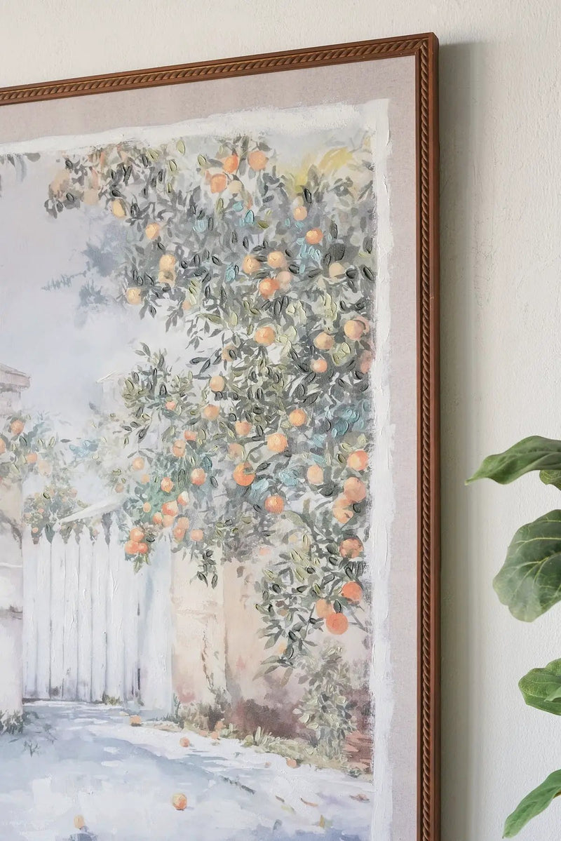 31.5x47.2' Hand-Painted Courtyard Scene Canvas Wall Art with Textured Pine Wood Frame by HouseOfZazla