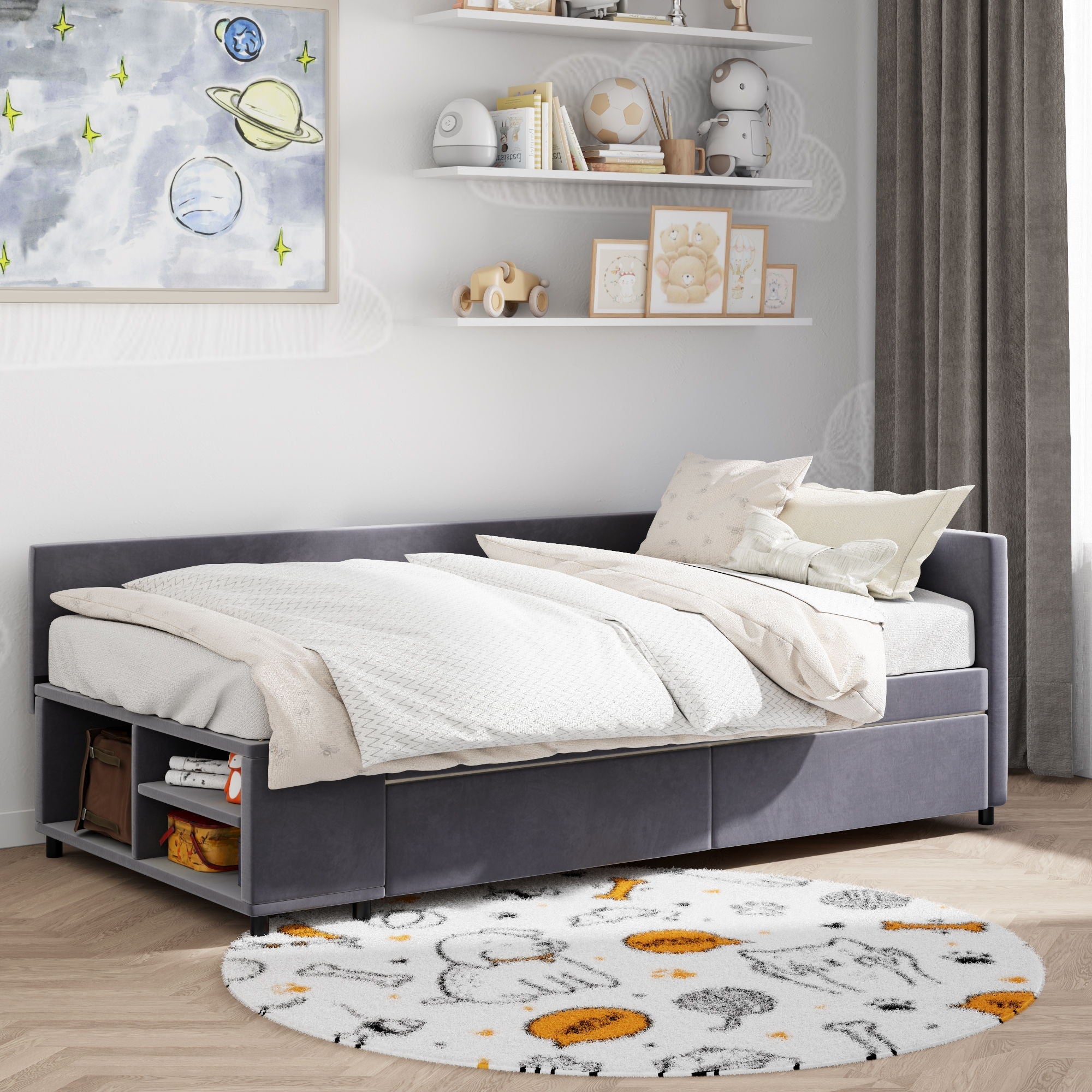 L Shaped Upholstered Platform Bed With Storage And Drawers by HouseOfZazla