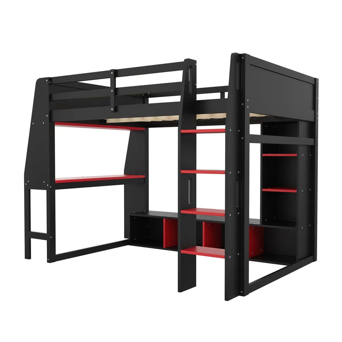 Gaming Loft Bed With Desk, Multi Storage Shelves, LED Lighting, And Hanging Clothes Rack by HouseOfZazla