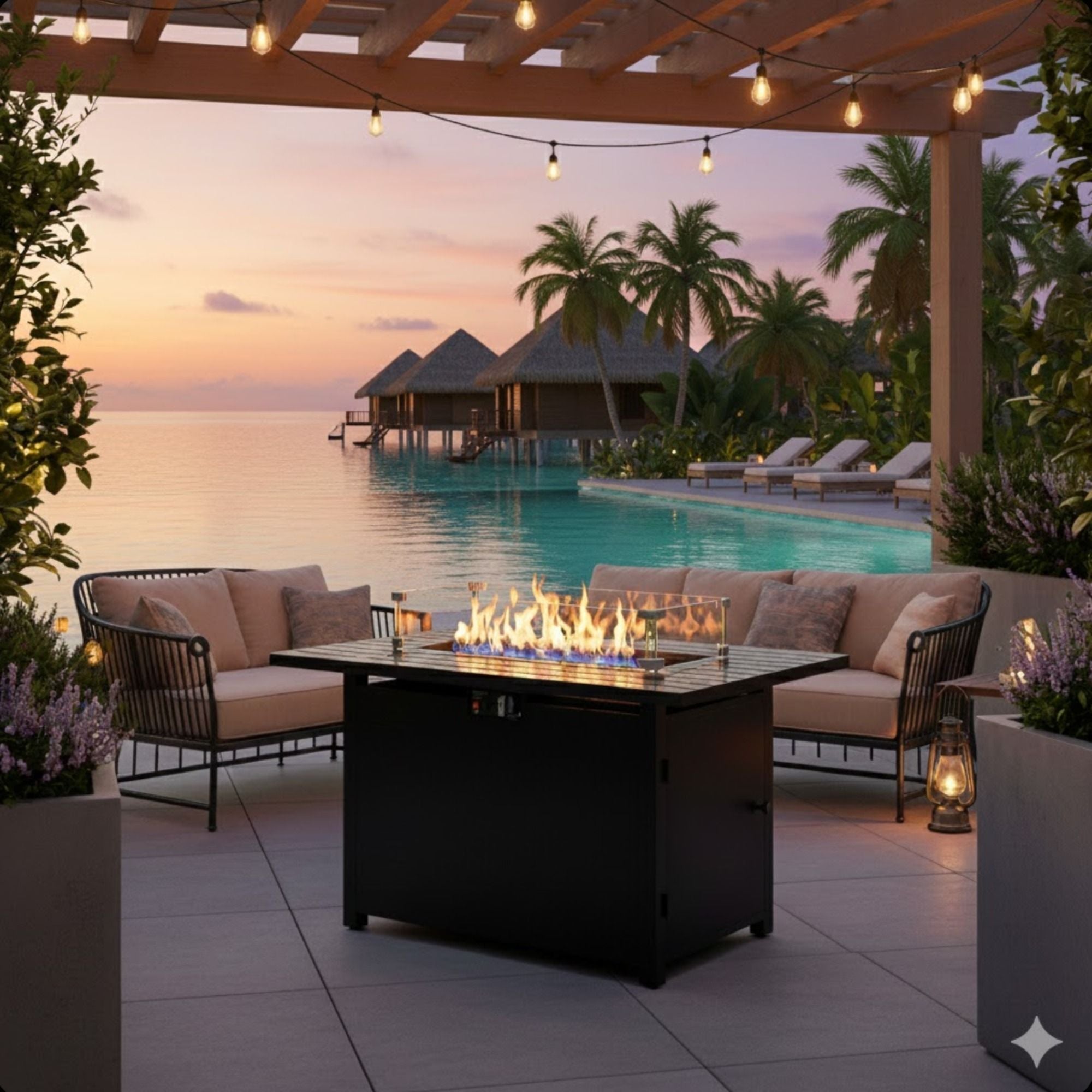 Outdoor 2 In 1 Gas Fire Pit Table With Lid & Glass Shield, Stainless Burner, Lava Rock, Rectangular Design - Black by HouseOfZazla