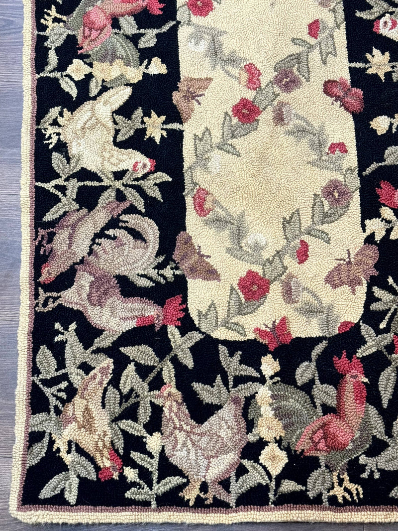 Small Vintage Hooked Rug, Roosters, Handmade, Wool by Jewel Rugs