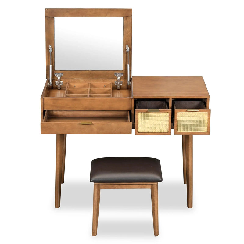 Classic Wood Makeup Vanity Set With Flip-Top Mirror And Stool, Dressing Table With Three Drawers And Storage Space by HouseOfZazla