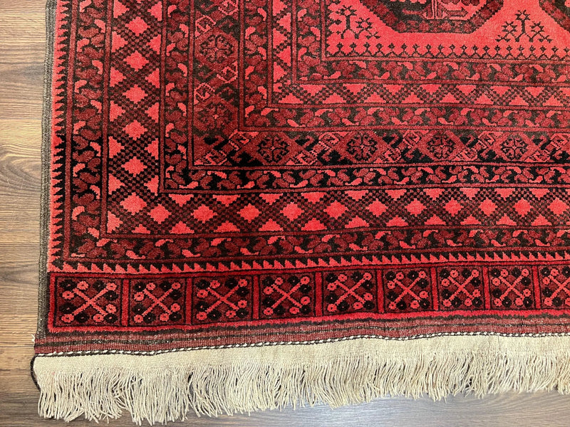 Afghan Turkoman Rug 7x10, Vintage Yamud Beshir Bokhara Carpet, Red and Black Bukhara Hand-Knotted Oriental Wool Handmade Rug, Elephant Foot by Jewel Rugs
