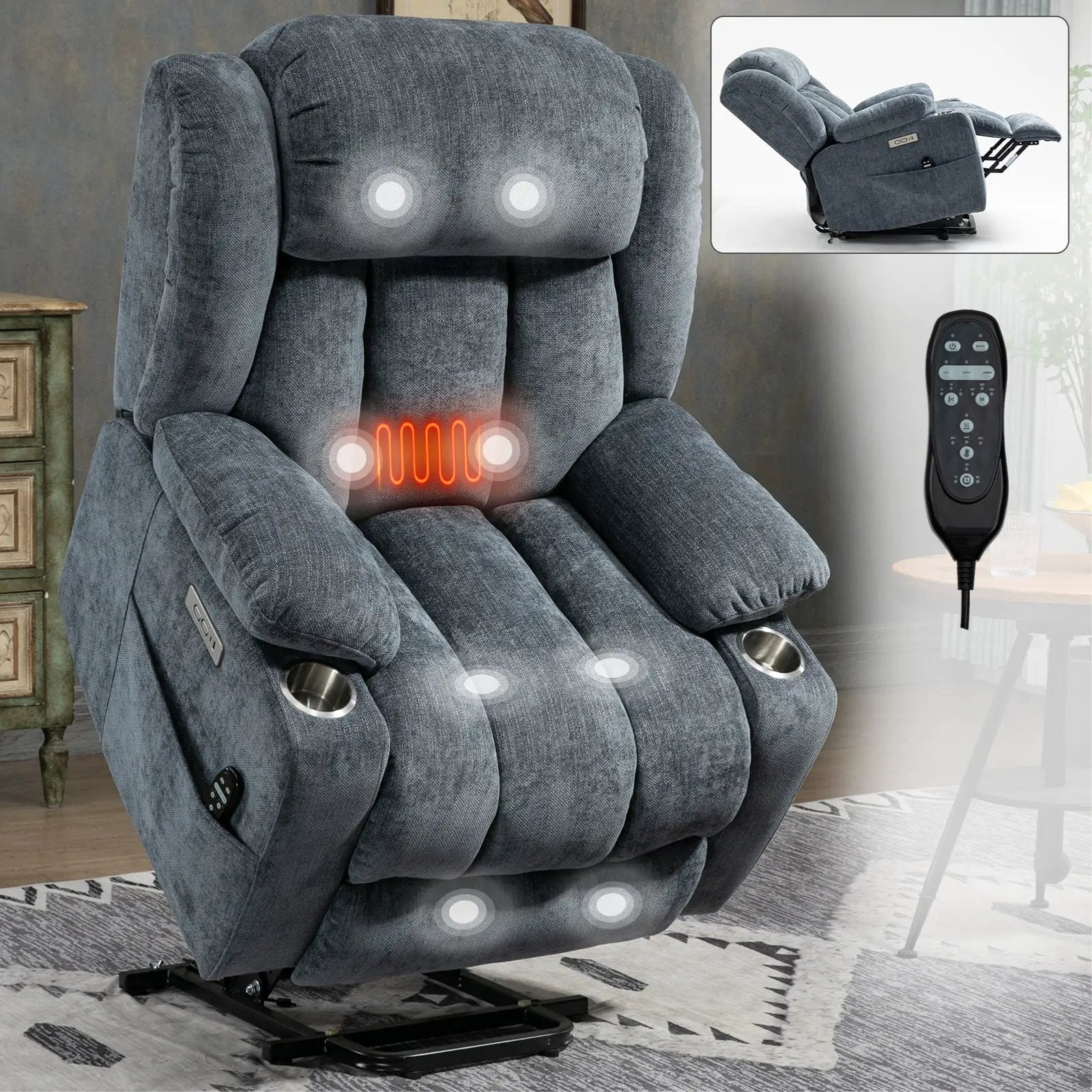 Chenille Power Lift Recliner Chair with Massage & Heating by HouseOfZazla