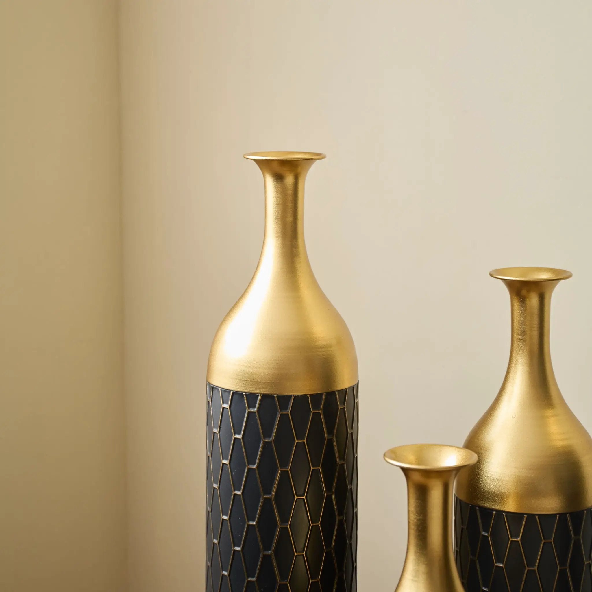 Elegant Floor Vase Set Metal Decorative Vases 3 Piece Set For Floral Display, Wedding & Gift Decor - Gold / Black by HouseOfZazla