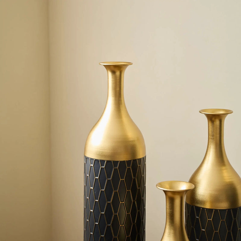 Elegant Floor Vase Set Metal Decorative Vases 3 Piece Set For Floral Display, Wedding & Gift Decor - Gold / Black by HouseOfZazla