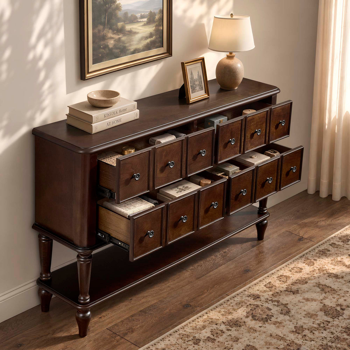 Vintage Console Table with Solid Wood Legs and 4 Storage Drawers - Espresso