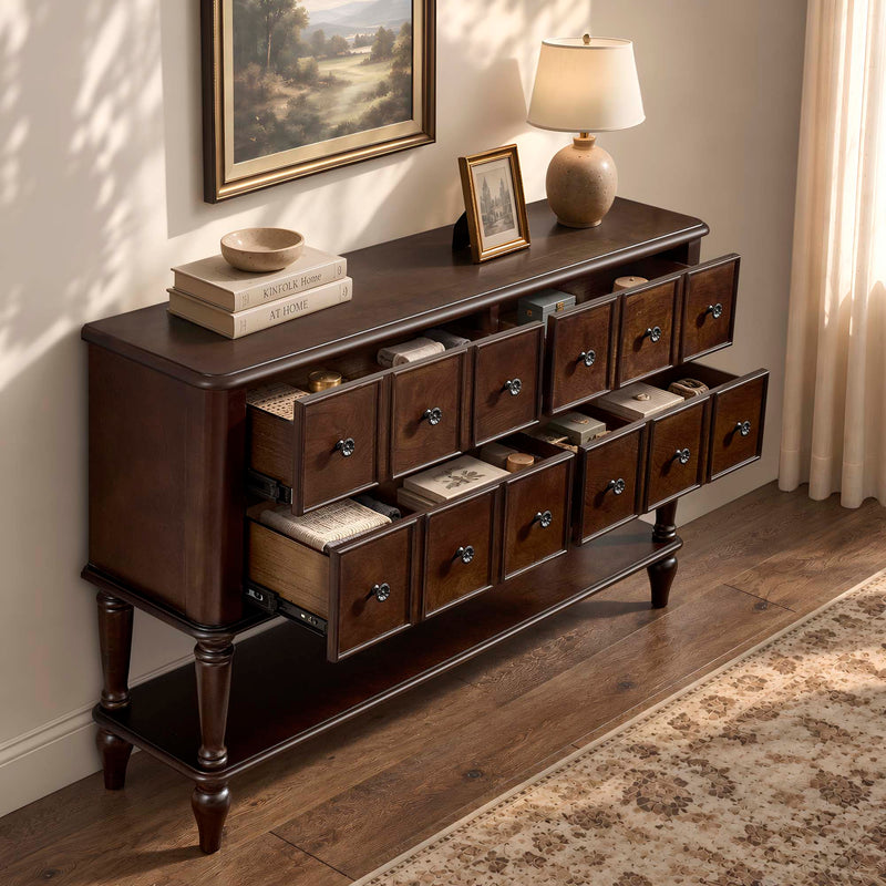 Vintage Console Table with Solid Wood Legs and 4 Storage Drawers - Espresso