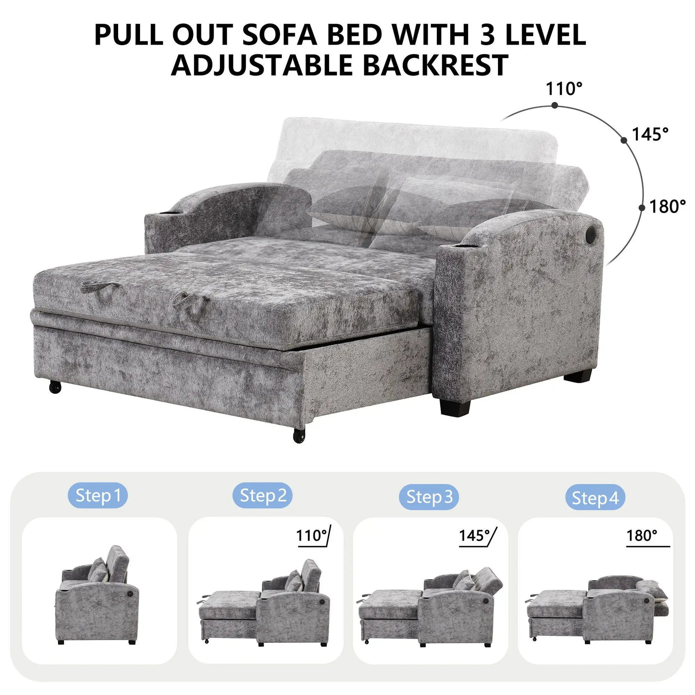 Pull Out Loveseat Sofa With Adjsutable Backrest, 2 Pillows, Cup Holders, USB Ports For Living Room by Unique Piece Furniture