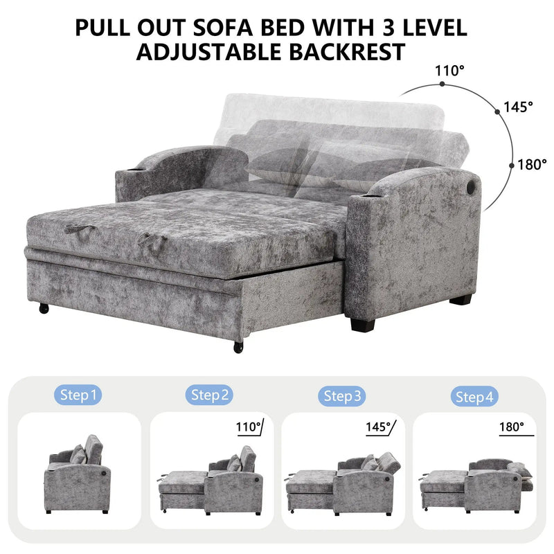 Pull Out Loveseat Sofa With Adjsutable Backrest, 2 Pillows, Cup Holders, USB Ports For Living Room by Unique Piece Furniture