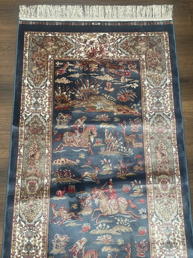Turkish Silk Rug 2.6 x 6.7, Short Runner Rug, Blue & Ivory, Bamboo Silk, New by Jewel Rugs
