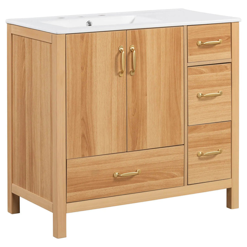 36" Bathroom Vanity, 2 Soft Close Doors, 4 Soft Close Drawers, Adjustable Shelf, Storage Cabinet - Acacia Wood by HouseOfZazla