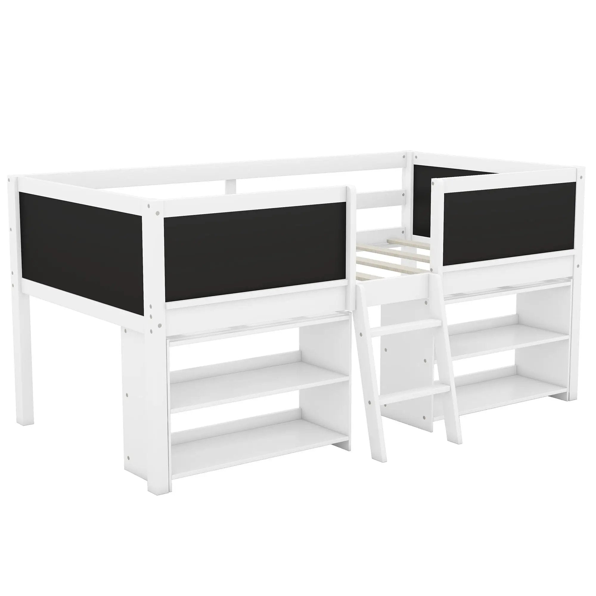 Low Loft Bed With Movable Shelves And Ladder, Decorative Chalkboard Guardrail by HouseOfZazla