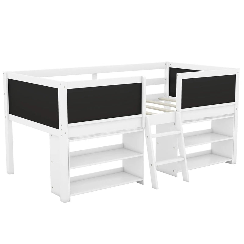 Low Loft Bed With Movable Shelves And Ladder, Decorative Chalkboard Guardrail by HouseOfZazla