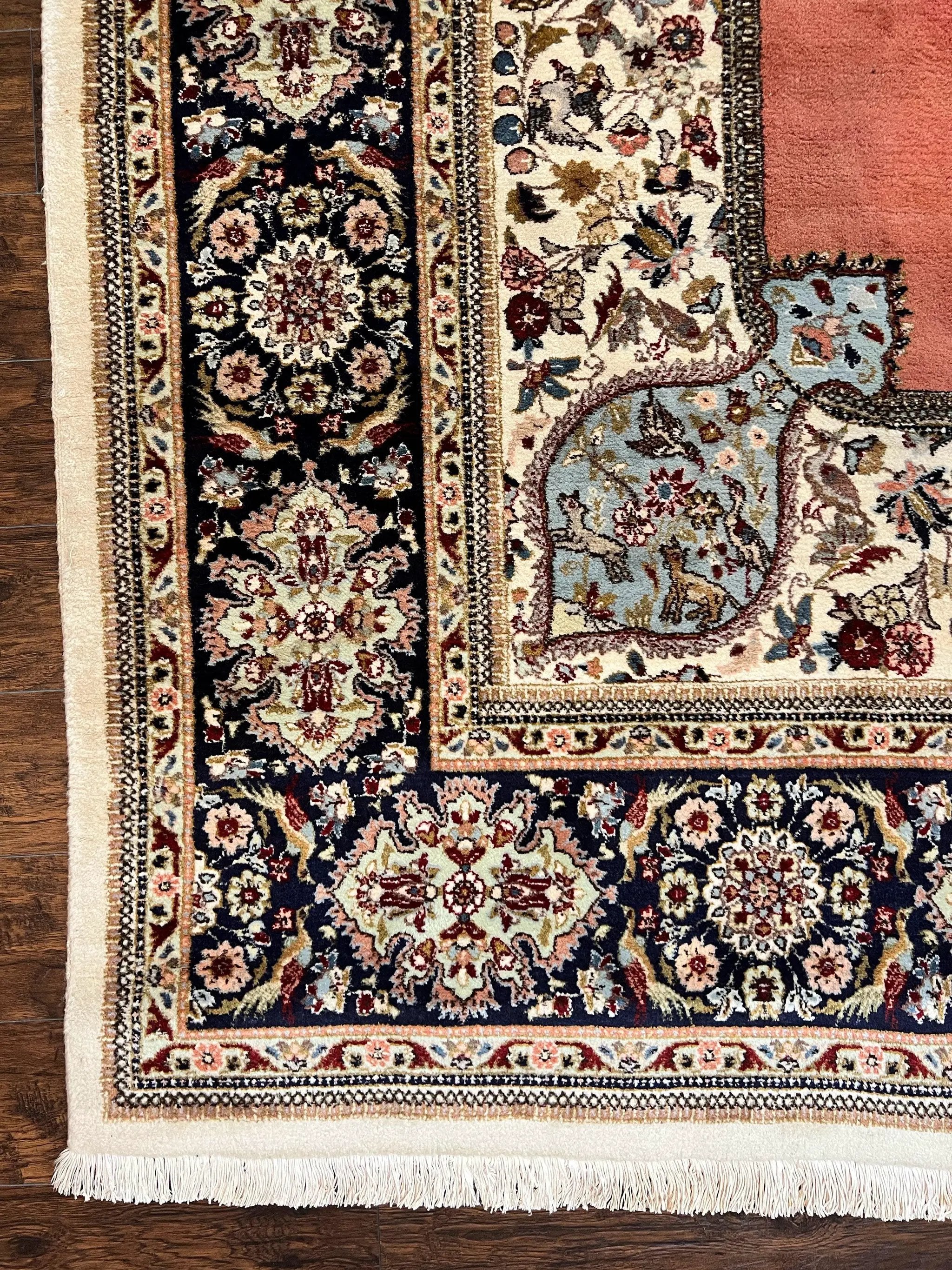 Persian Tabriz Rug 10x13, Wool Hand Knotted Vintage Carpet, Salmon Red & Ivory, Semi Open Field, Birds & Animal Motifs, Large Rug by Jewel Rugs