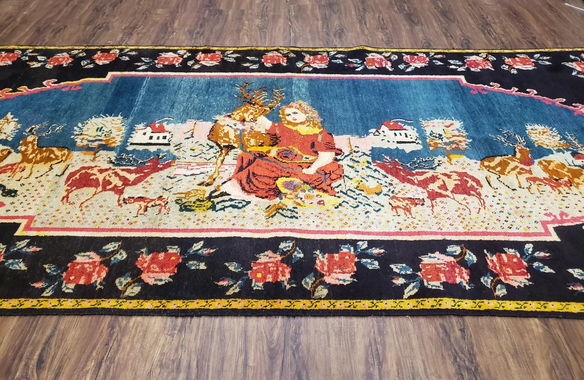 Antique Persian Pictorial Rug 4'6" x 9', Wool Hand-Knotted Blue Roses Karabagh Caucasian Carpet, 1920s Girl Deer Tapestry Wall Hanging Rug by Jewel Rugs