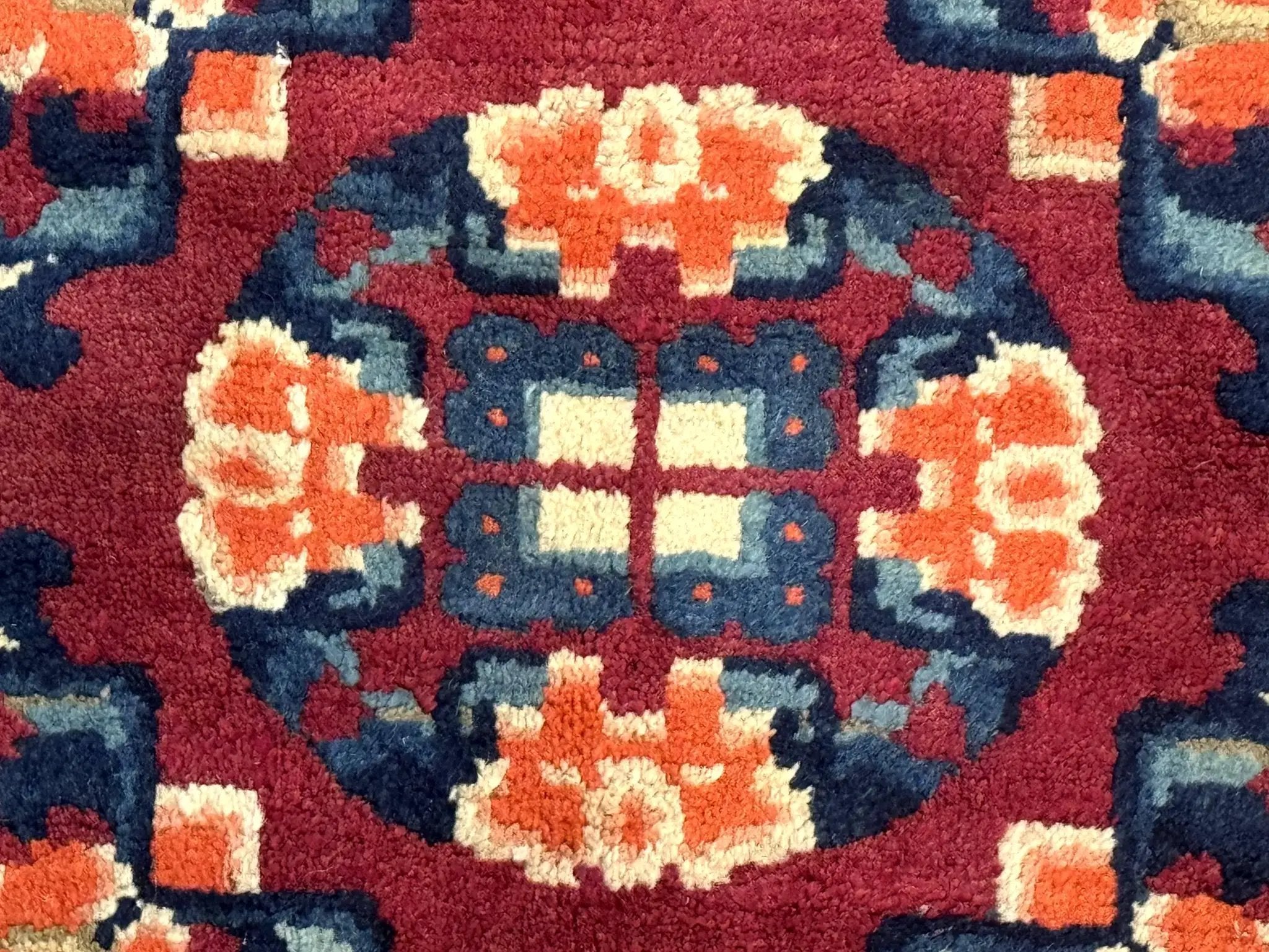 Small Antique Chinese Square Rug 2x3, Tibetan Rug, Red Orange Blue, 1920s Rug by Jewel Rugs