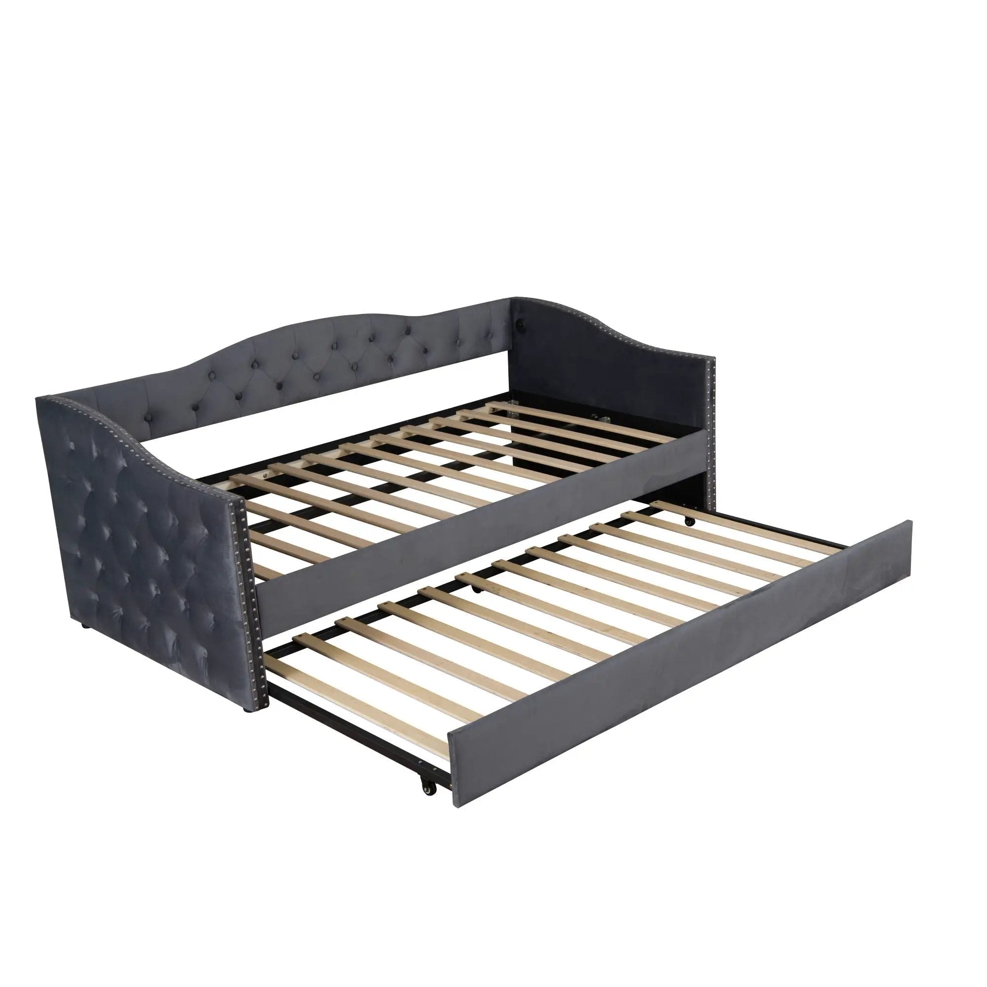 Twin Size Upholstered Daybed With Trundle And USB Charging Design For Bedroom - Gray by Unique Piece Furniture