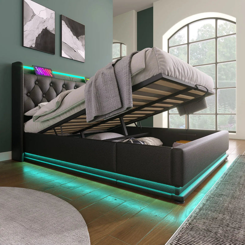 Upholstered Bed, 360 Surround LED Function, Remote Control, Hydraulic Storage Bed With USB, Type-C Charging (Without Mattress) by HouseOfZazla
