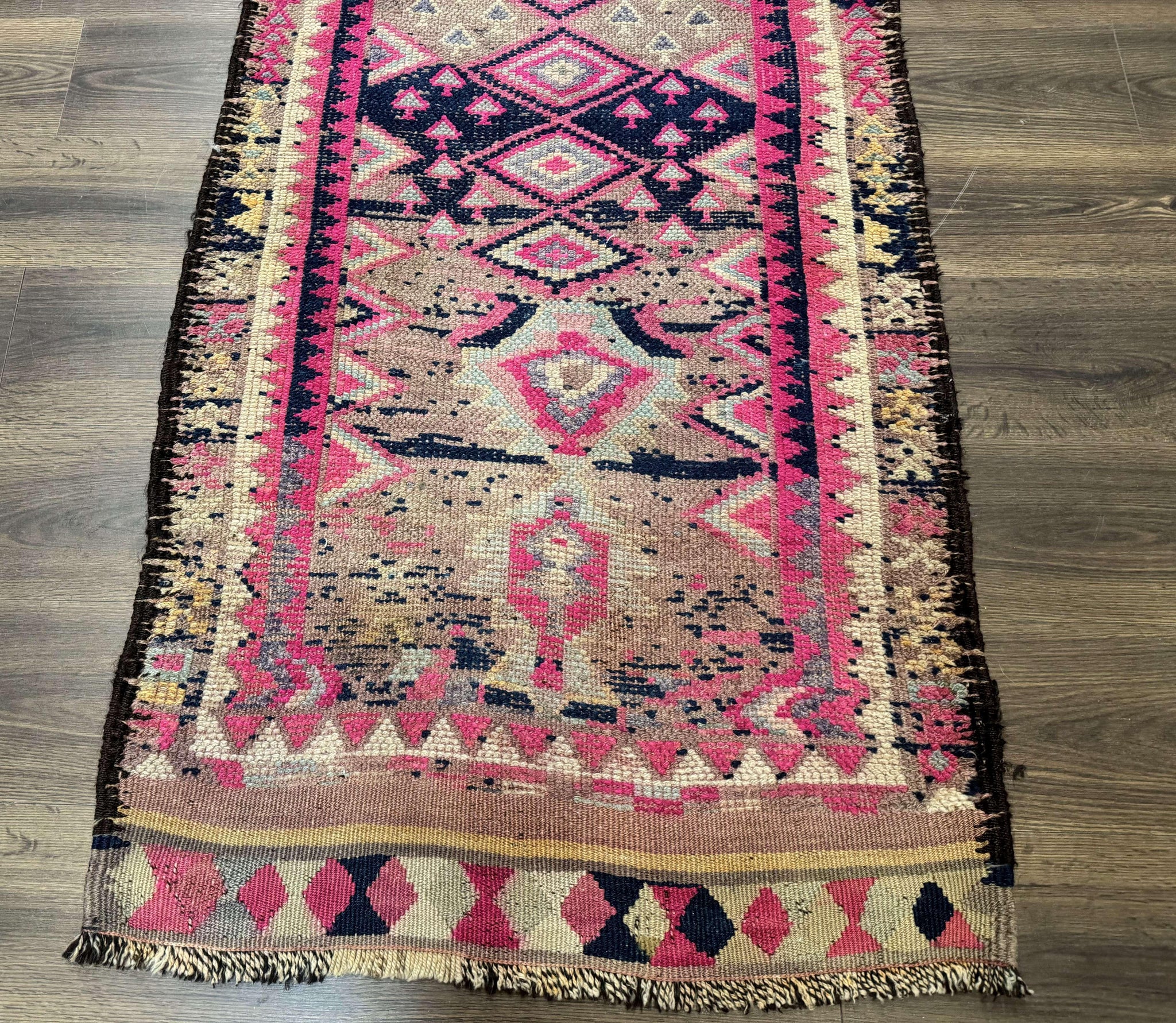 Turkish Runner Rug 3x10, Pink and Navy Blue, Bohemian Runner for Hallway or Kitchen, Vintage, Geometric, Tribal by Jewel Rugs
