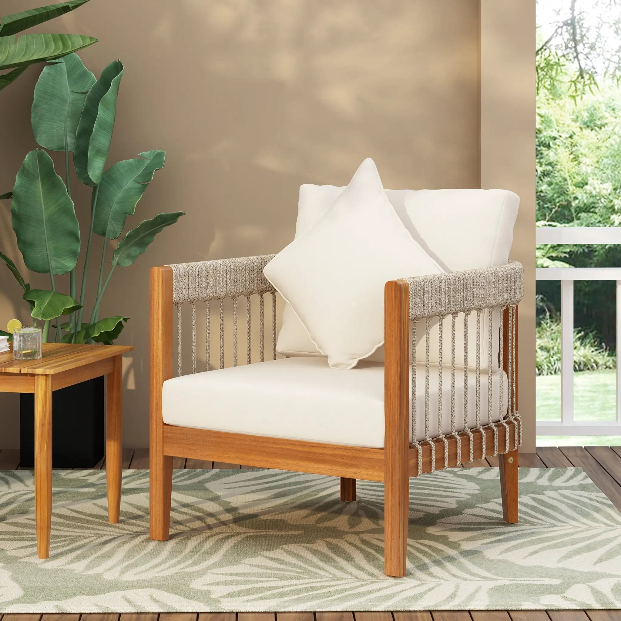 Acacia Wood Outdoor Club Chair with Handwoven Rope Accents & Curved Backrest by HouseOfZazla