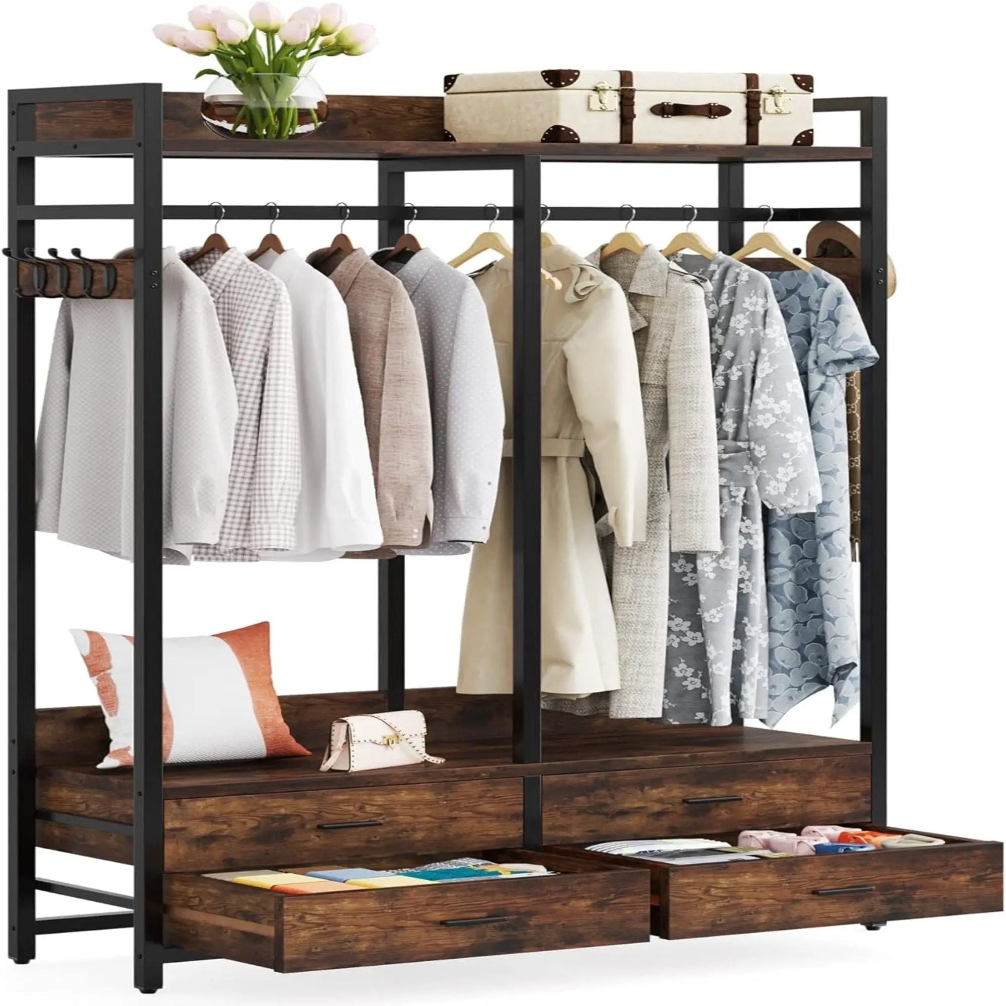 Freestanding Closet Organizer With 4 Drawers, 8 Hooks, Shelves, And Hanging Rod - Brown / Black by HouseOfZazla