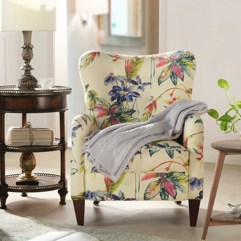 Paradise Upholstered Arm Chair, Off-White/Floral Printed On Cotton by HouseOfZazla