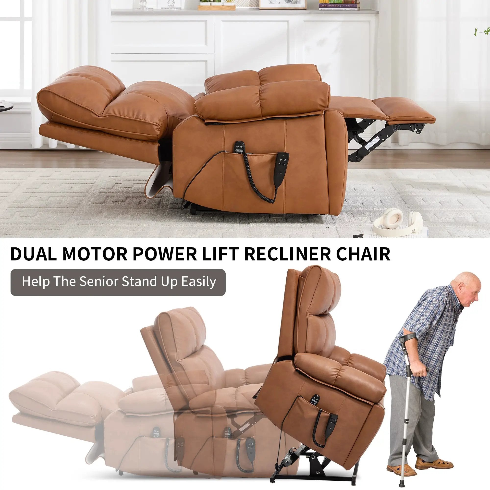 Orange Leatheraire Heat Massage Dual Motor Lift Recliner by HouseOfZazla