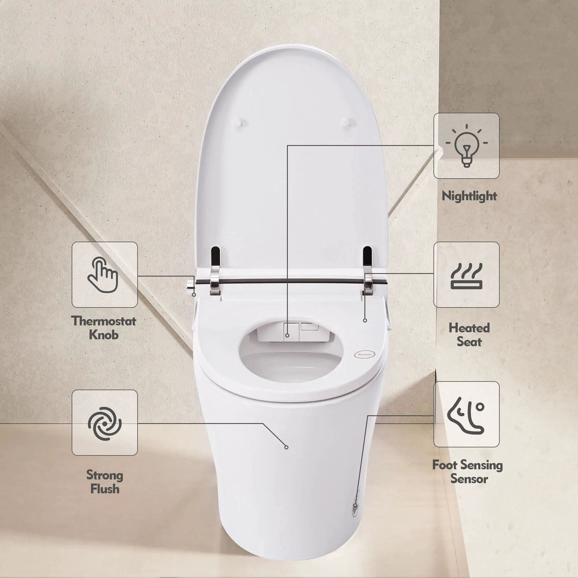 Heated Seat Smart Toilet Without Bidet, Upmarket Compact Dual Flush Toilet 1 / 1.28 Gpf, Tank Less Toilet With Adjustable Temp Heated Seat, Foot Sensor Flush - White Night Light, Knob Control, Power Out by HouseOfZazla
