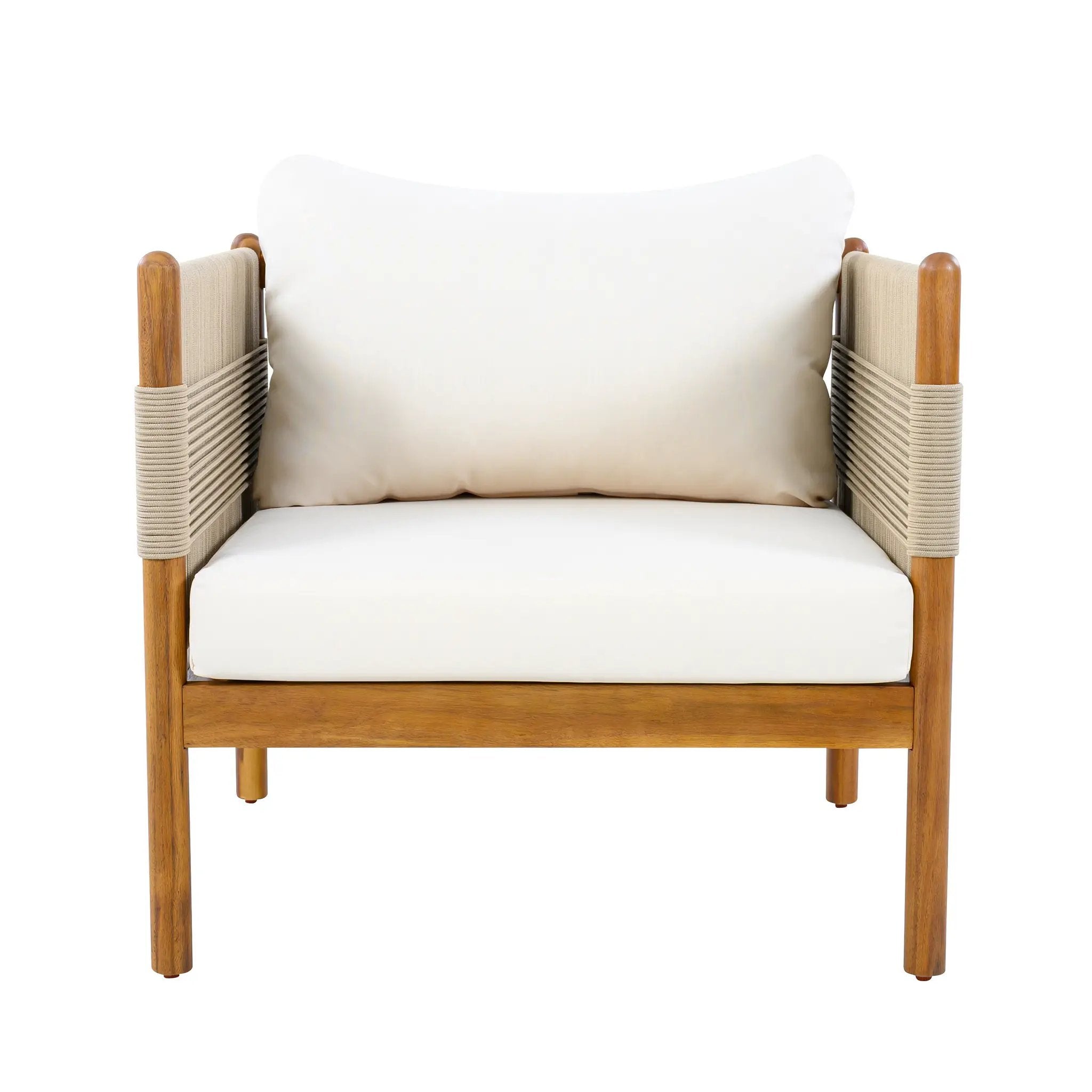 Outdoor Acacia Wood Club Chair with Diamond Rope Weave & Cushions, Teak Finish by HouseOfZazla
