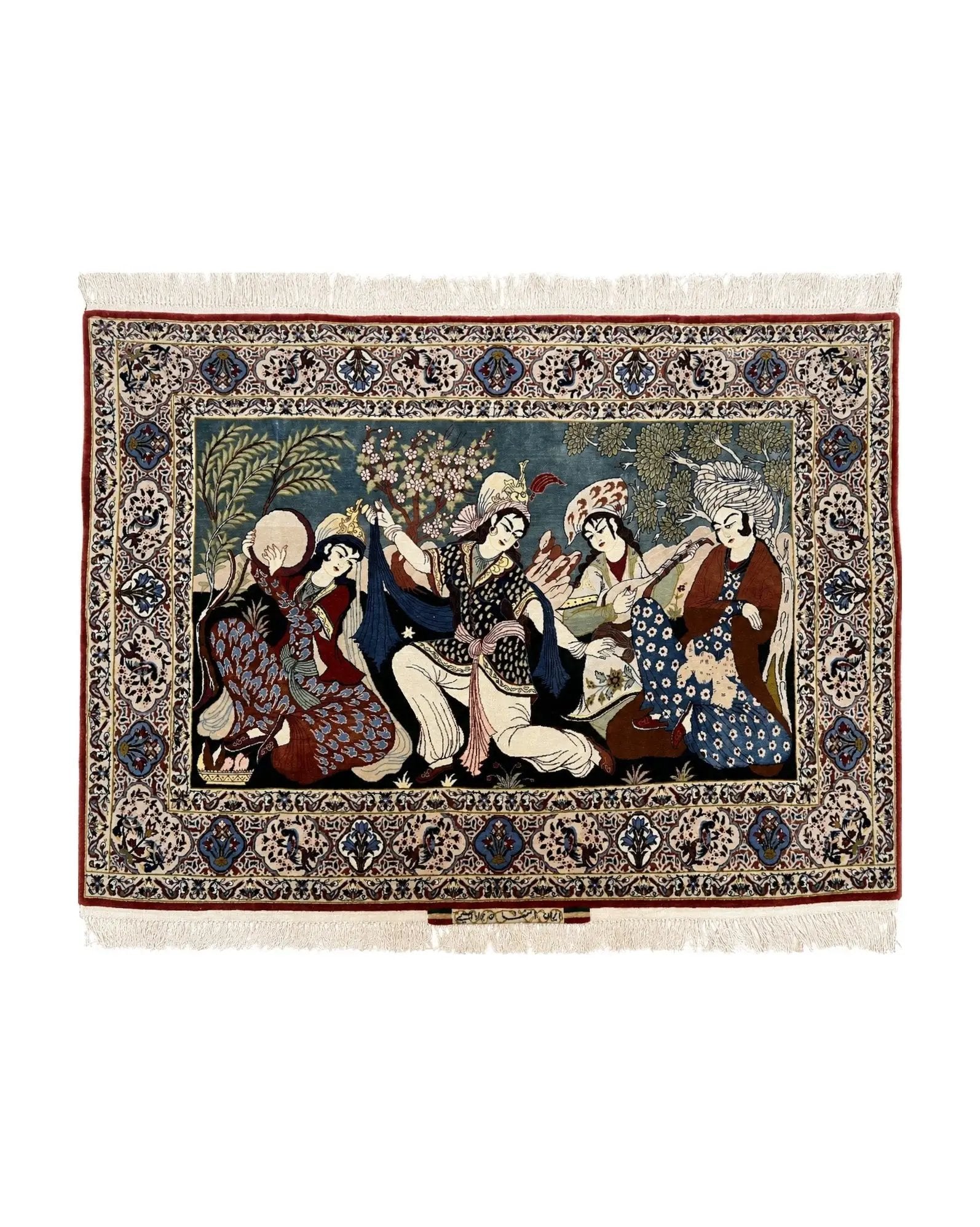 Persian Pictorial Rug 5 x 4 ft, Persian Isfahan Rug, Kork Wool on Silk Foundation, Signature from Master Weaver, Drums and Musical Instruments, Birds, Detailed by Jewel Rugs