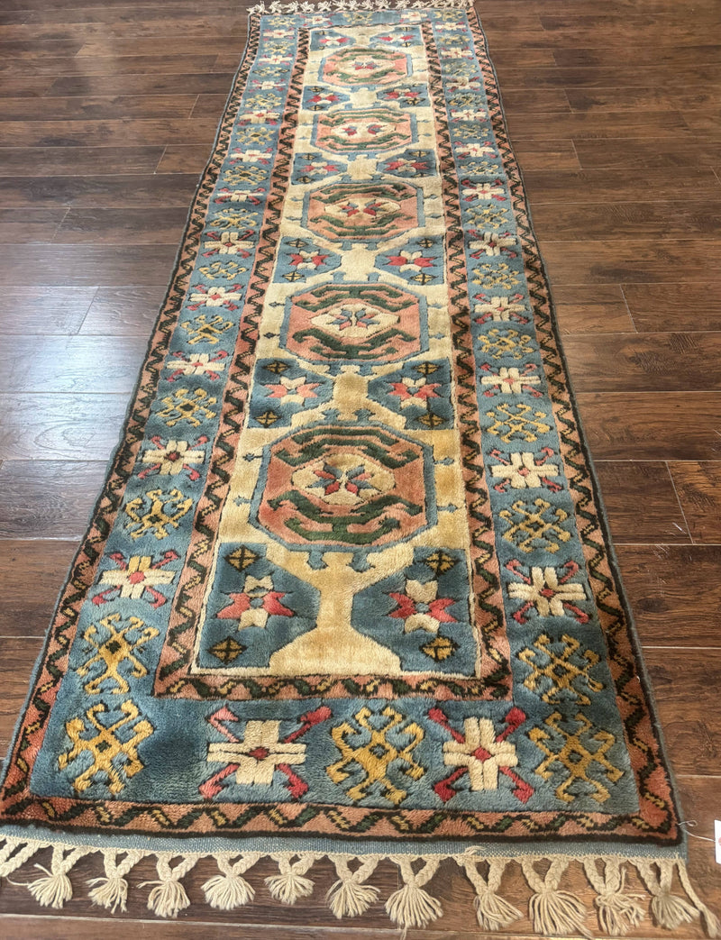 Turkish Kazak Runner Rug 3x11, Cream and Light Blue, Vintage by Jewel Rugs