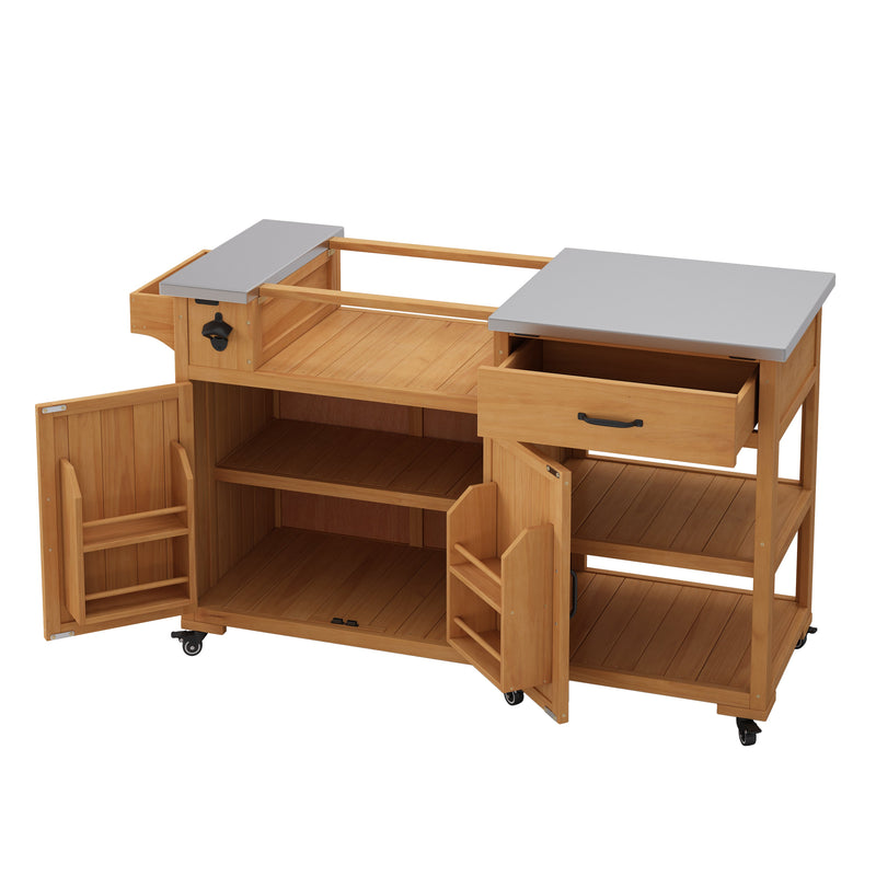 TOPMAX 55.4" Outdoor Solid Wood Kitchen Cart, Stainless Top Grill Cart, Kitchen Island with Spice Rack, Drawer, Adjustable Shelves and 4 Door Racks  for Patio, Deck, photo 9 of 10