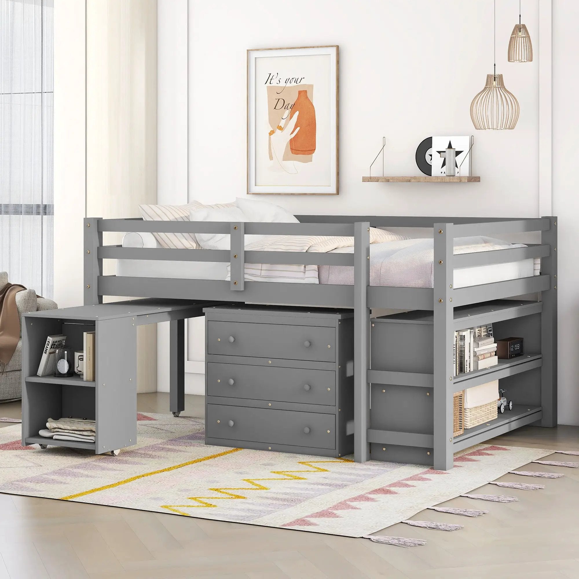 Loft Low Study Bed With Cabinet, Shelves And Rolling Portable Desk, Multiple Functions by Unique Piece Furniture