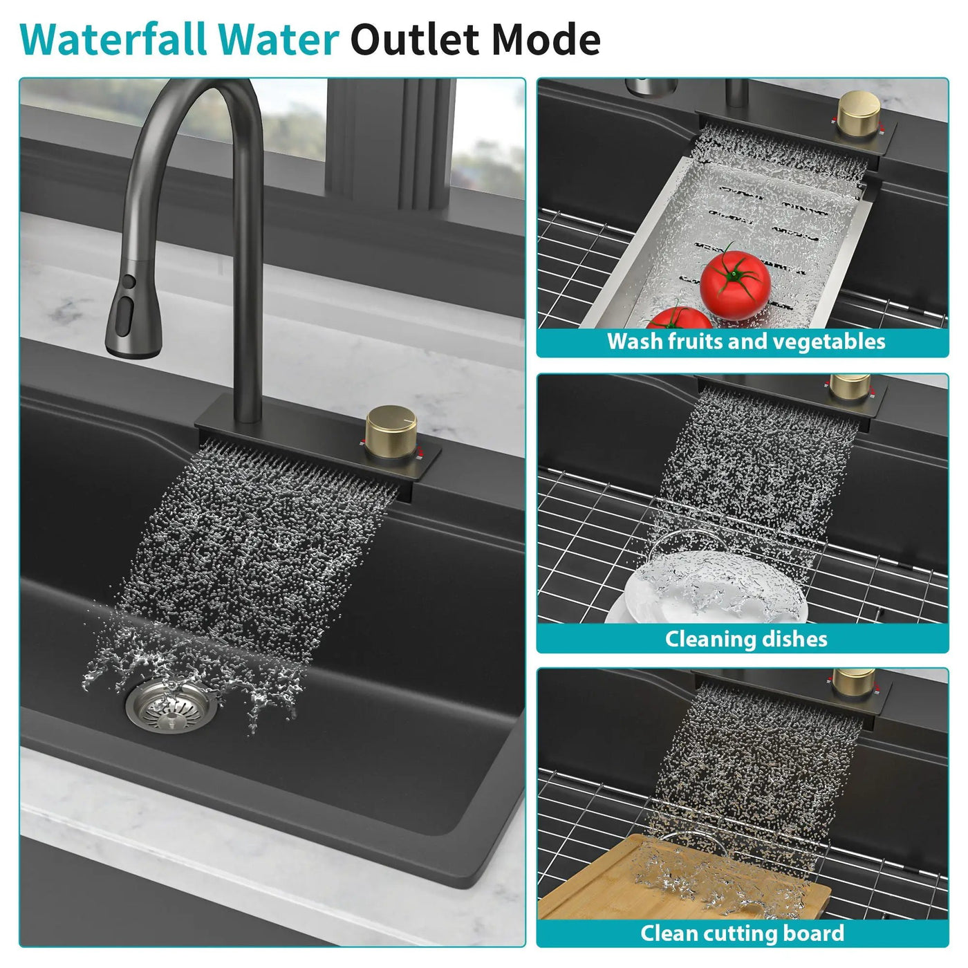 Waterfall Kitchen Sink With Pull Out Faucet & Cup Washer by HouseOfZazla